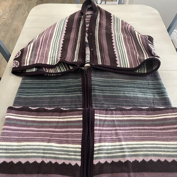Vintage Biederlack Blanket Cuddle Wrap Soft Snap Button Zip Purple Green Gray - Picture 4 of 9